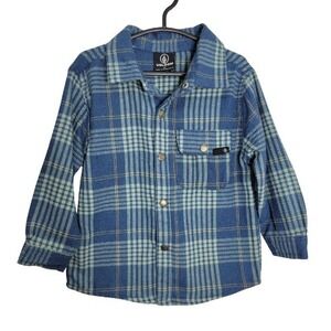 Volcom Toddler Boys Blue Plaid Snap Button Flannel Shirt Size 2T Skater Casual